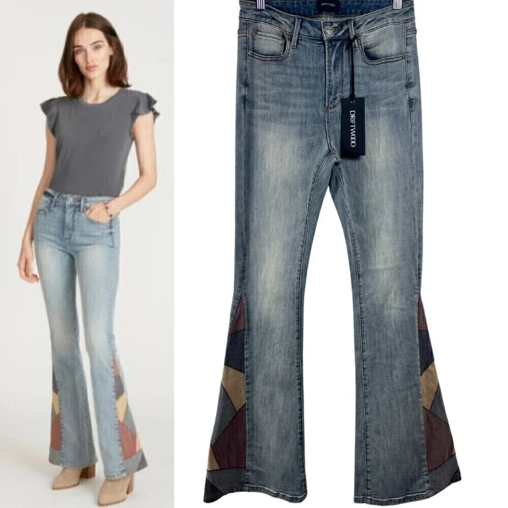 Driftwood Farrah Cowgirl Size 27 Patch Flare High Rise NEW Denim Retro Jeans